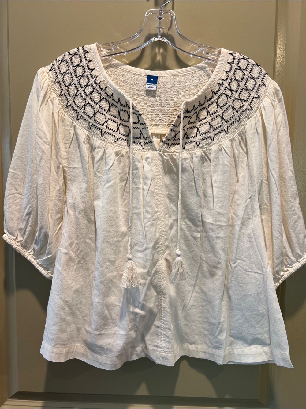 Old Navy Cream Peasant Tunic with Navy Embroidered Yoke